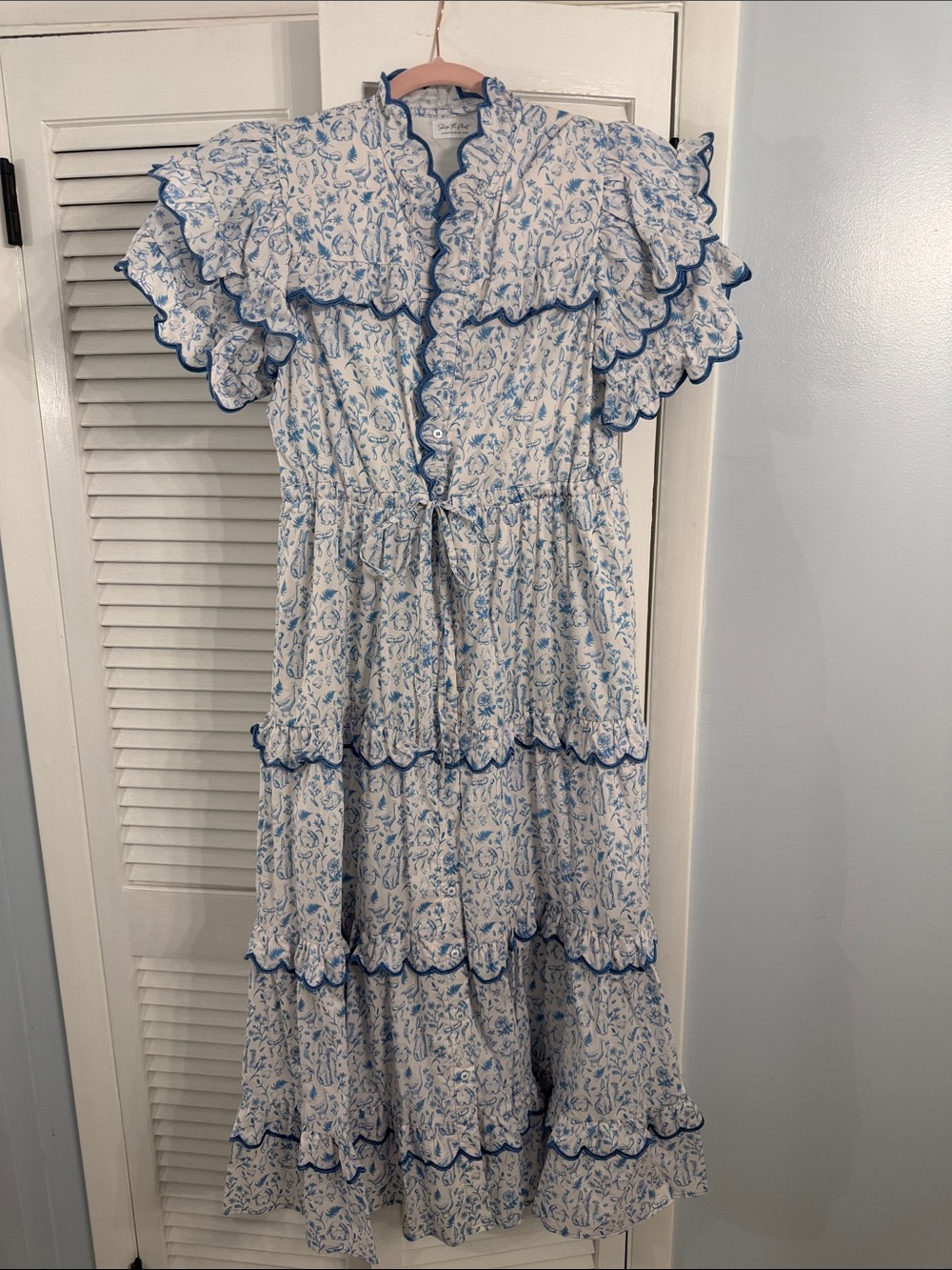 Blue & White Baby Toile Ruffle Midi Dress - Women's